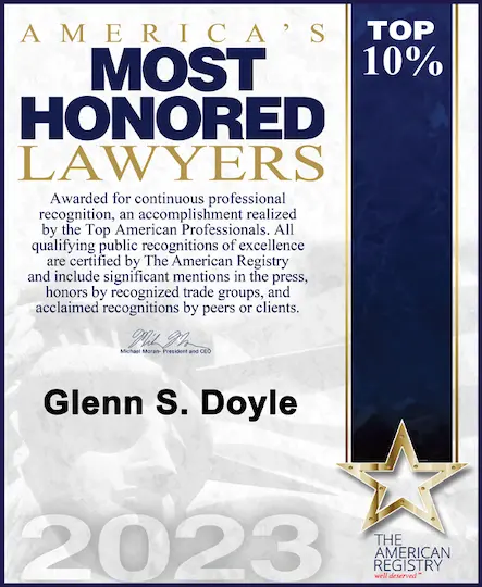 Americas Most Honored Lawyers badge for Glenn Doyle. Awarded top 10% lawyers in the United States