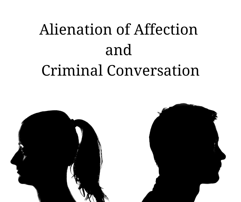 silhouette of a couple facing opposite ways with the text "Alienation of affection and criminal conversation"