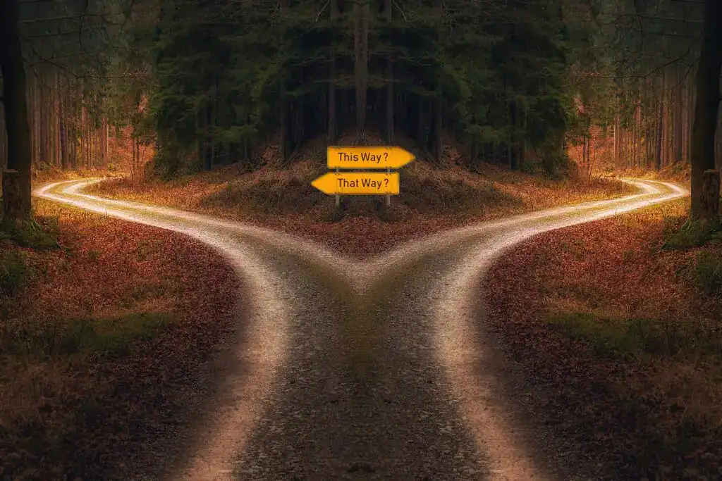 Signs pointing in different directions at a fork in the road when deciding when to file your separation papers