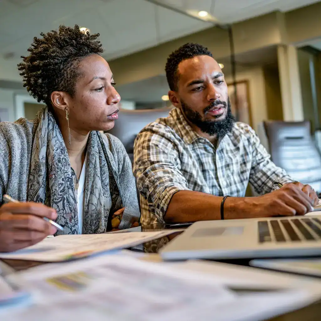 Couple reviewing financial assets during a North Carolina divorce