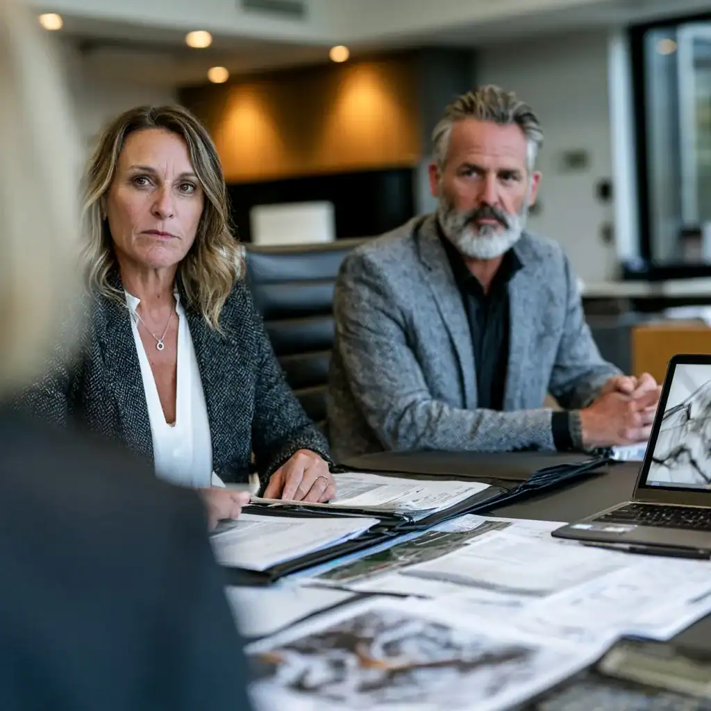 Couple reviewing property division documents during a North Carolina divorce consultation