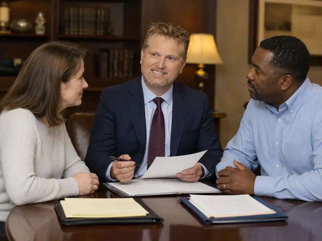 Attorney Glenn Doyle meeting with a couple about divorce-related financial decisions in Raleigh NC