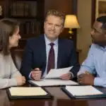 Attorney Glenn Doyle meeting with a couple about divorce-related financial decisions in Raleigh NC