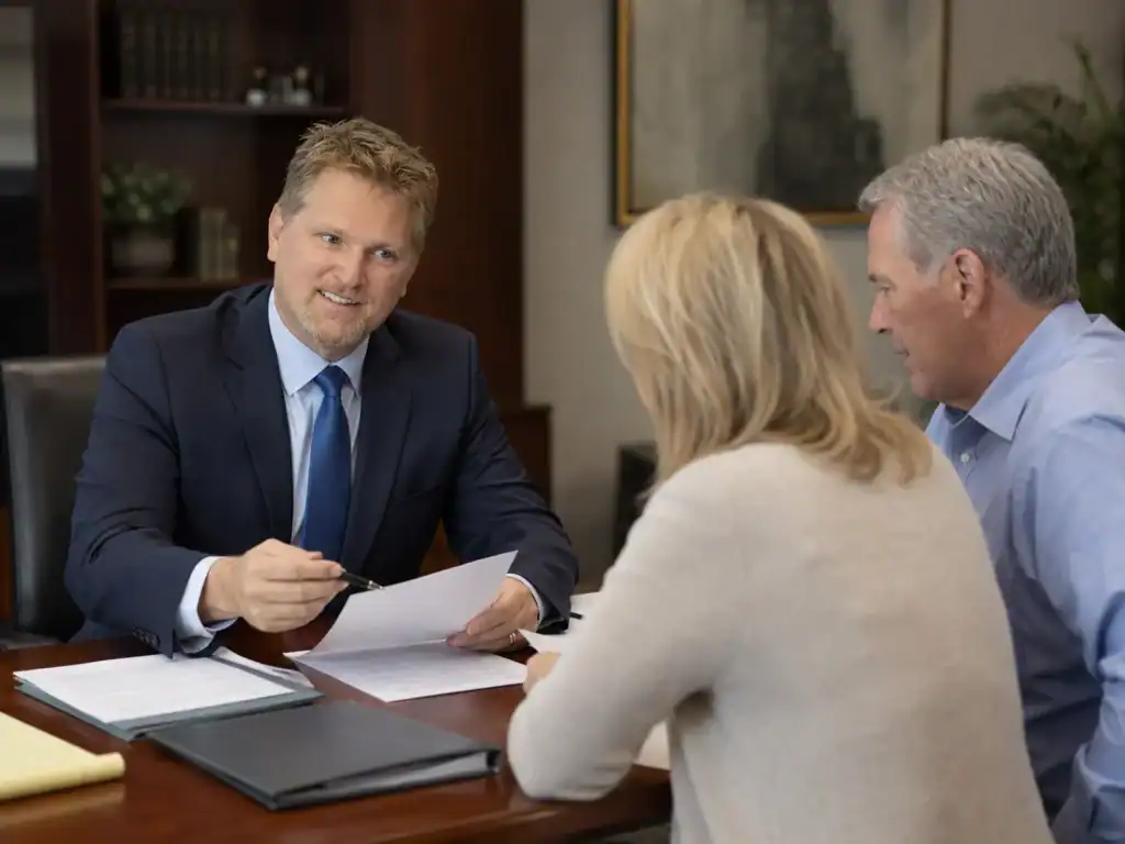 Attorney Glenn Doyle discussing family financial mediation and divorce preparation with a couple in North Carolina