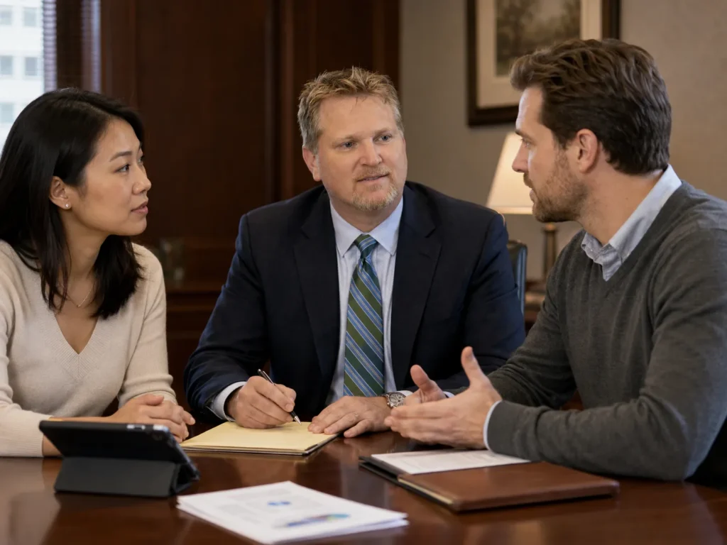 Attorney Glenn Doyle guiding a couple through a divorce mediation financial settlement meeting in Raleigh NC