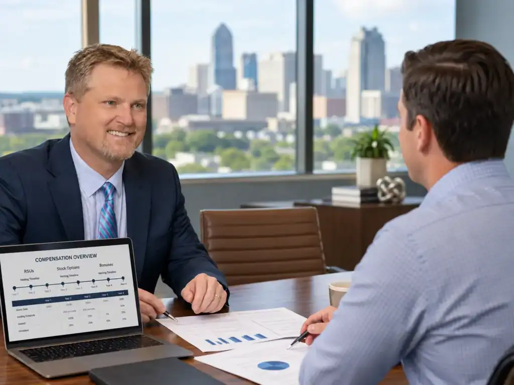 Raleigh tech divorce attorney reviewing RSUs, stock options, bonuses, and equity compensation with a technology professional