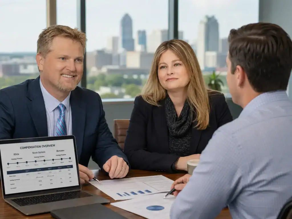 Raleigh tech divorce attorneys reviewing RSUs, stock options, bonuses, and equity compensation with a technology professional