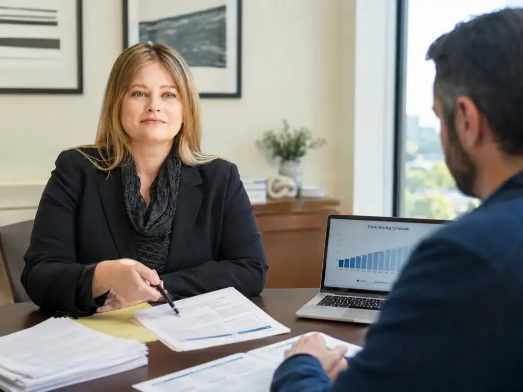 Raleigh divorce attorney reviewing RSUs, stock options, vesting schedules, and equity grant documents with a tech professional